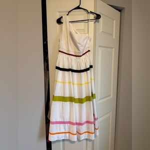 J Crew Lisbon Dress Cotton Poplin White Stripes One Shoulder Midi